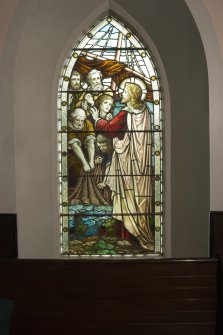Interior. Nave stained glass window  by A Ballantine & Son 1906 . Detail