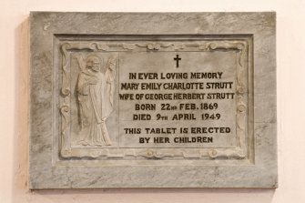 Interior. Nave. Memorial plaque Mary Strutt. Detail