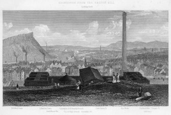 View of Edinburgh. 
Inscr: 'Edinburgh from the Calton Hill. Looking South. Salisbury Crags, Liberton Tower, David Deans' Ho., Canongate church and burying ground, top of High School, Canongate Jail, Clerk St Church, Gas Works, Pentland Hills, Cowgate Church, Infirmary'.