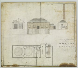 Plan,elevation and sections of a Gas Work for Inverness. 
Drawn by A Mitchell August 1826.
Scottish Gas Coll.