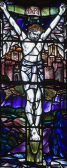 Interior. Detail Chancel E Stained glass window by Douglas Strachan dated 1914 of Christ in Glory