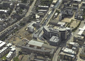 Oblique aerial view centred on the canal terminus with the new developments at Edinburgh Quay adjacent, taken from the NE.