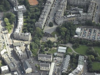 Oblique aerial view centred on the remains of Scotland Street station, taken from NNW.