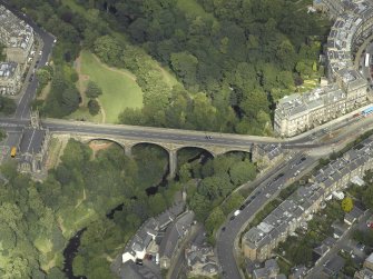 Oblique aerial view centred on the Dean Bridge, taken from the SW.