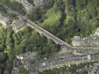Oblique aerial view centred on the Dean Bridge, taken from the SSW.