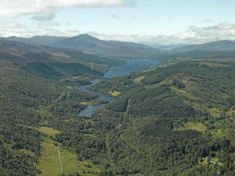 General oblique aerial view of the reservoir with Schiehallion in the distance, taken from the ENE.