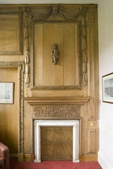 Interior.  Detail of carved panelling in Ante-Room.