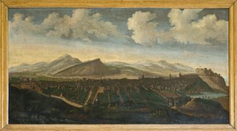 Interior.  Detail of 17th century painting of The Old Town, Edinburgh above the fireplace in The Blue Room.