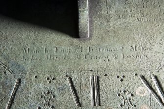 Detail of brass plate showing makers name inscription on the Western sundial, Craigiehall House, Edinburgh.