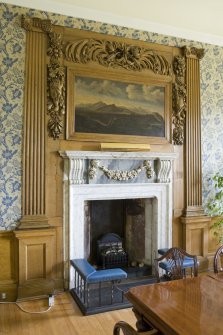 Interior.  Blue Room (Woman's House), showing white marble fireplace with 17th centry painting of a view of Edinburgh above.