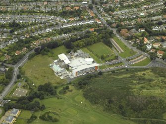 Oblique aerial view centred on the new business school extension of Napier University, Craiglockhart Campus, taken from the SE.