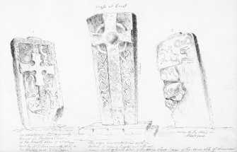 Digital copy of annotated sketches of the Woodray and Crieff cross slabs. James Skene album, page 11.