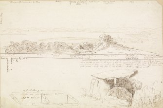 Digital copy of annotated drawings of cairn: panorama of surrounding landscape; detailed drawing of the cairn and chamber. James Skene album, page 70.