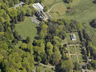 Oblique aerial view of Belleisle House with the walled garden and greenhouse adjacent, taken from the WSW.