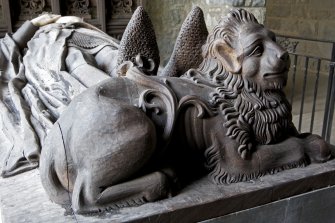 Interior. Bruce's Chapel, detail of carved lion at foot of effigy