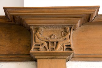 Interior. Ground floor. Dining room carved pilaster capital. Detail