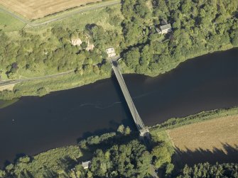 Oblique aerial view centred on the chain bridge with the fishing shiel adjacent, taken from the NNW.