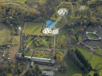 Oblique aerial view centred on the walled garden, taken from the NNW.