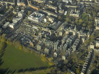 Oblique aerial view centred on the Quartermile development of the former Infirmary, taken from the SSE.