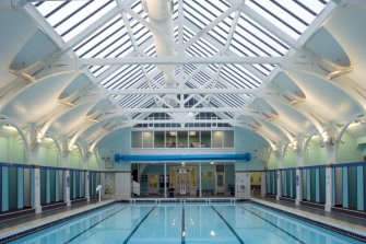 Interior. View of pool area from S