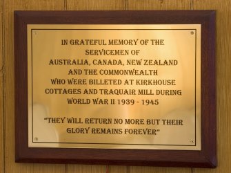 Interior. Detail of memorial plaque to soldiers billeted at Kirkhouse Cottages and Traquair Mill in WWII