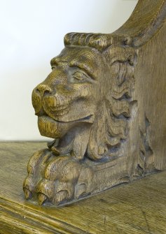 Interior. Ground floor. South west room. Detail of carved animal (lion) head.