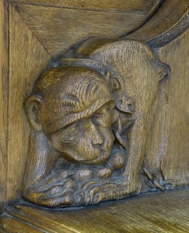 Interior. Ground floor. South west room. Detail of carved animal (monkey) head.