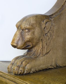Interior. Ground floor. South west room. Detail of carved animal (dog) head. Lowther Terrace, Glasgow.