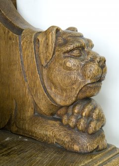 Interior. Ground floor. South west room. Detail of carved animal (bulldog) head. Lowther Terrace, Glasgow.