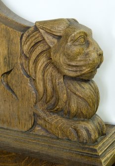 Interior. Ground floor. South west room. Detail of carved animal (lion) head.