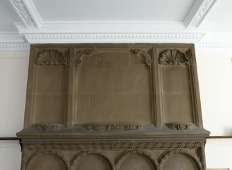 Interior. Ground floor. South east room. Detail of overmantle.