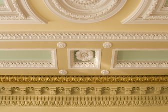 Interior. Queen Margaret College building. Ground floor.  South side office. Ceiling and cornice plasterwork.