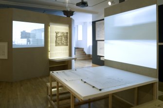 General view of 'Gillespie Kidd & Coia: Architecture 1956-87' exhibition, lower floor.