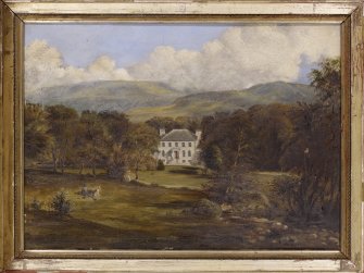 Framed oil painting showing general view.