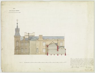 Drawing showing elevation and section of Library at King's College, Aberdeen.
Insc: 'No VI, King's College, Aberdeen, East Elevation and Section Of Library'.