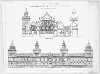 Glasgow, Kelvingrove Park, Art Galleries.
Competition design of back elevation and transverse section.
Insc: 'The Glasgow Art Galleries & Museum Competition. Kelvingrove, Glasgow. Design by T.M. Deane. B.A. Architect. (Sir T.N.Deane & Son)'.
