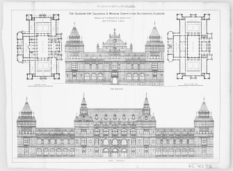 Glasgow, Kelvingrove Park, Art Galleries.
Competition design of ground plan, end elevation, first floor plan and front elevation.
Insc: 'The Glasgow Art Galleries & Museum Competition. Kelvingrove, Glasgow. Design by T.M. Deane. B.A. Architect. (Sir T.N.Deane & Son)'.
