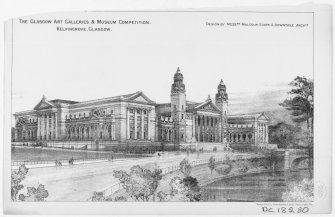 Glasgow, Kelvingrove Park, Art Galleries.
Competition design - perspective view.
Insc: 'The Glasgow Art Galleries & Museum Competition. Kelvingrove, Glasgow. Design by Messrs Malcolm Stark and Rowntree, Archts'.
