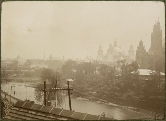 View of buildings at the International Exhibition in Glasgow 1901 buildings and Kelvingrove Museum from across the river.
Titled: '1887 Ex River Kelvin'

