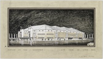 Edinburgh, Murrayfield Ice Rink and Sports Stadium.
Perspective view of ice rink from North-West.
Titled: 'Proposed Ice Hockey Rink - Edinburgh'   'View From The North West'.