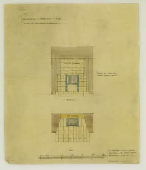 Sections and elevations showing details of drainage, doors, windows, roof and fireplaces.
