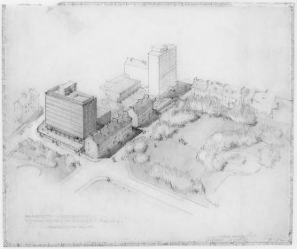 George Square, Appleton Tower.
Drawing showing aerial perspective from North.
Insc:   'University of Edinburgh    1st year science building:   Phase 1.'   'General View from N.'    
Signed:   'Alan Reiach'.