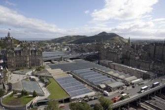 View taken from the top of the Scott Monument looking ESE, centring on the Waverley Station, Edinburgh.