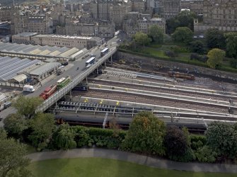 View taken from the top of the Scott Monument looking SSE, centring on Waverley Bridge.