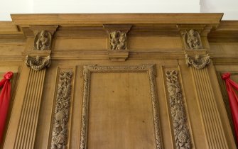 Interior. Main floor, music room, detail of fireplace