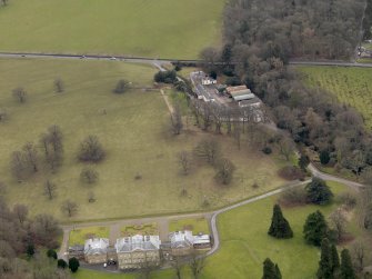 Oblique aerial view centred on the House with the farmstead adjacent, taken from the N.
