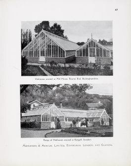 Catalogue of Horticultural Buildings by MacKenzie and Moncur
"Hothouses erected at Mill House, Bourne End, Buckinghamshire" and "Range of Hothouses erected at Kongelf, Sweden"