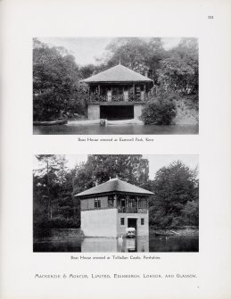 Catalogue of Horticultural Buildings by MacKenzie and Moncur
"Boat House erected at Eastwell Park, Kent" and "Boat House erected at Tulliallan Castle, Perthshire"