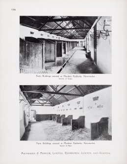 Catalogue of Horticultural Buildings by MacKenzie and Moncur
"Farm Buildings erected at Moulton Paddocks, Newmarket - Interior of Stable" and "Farm Buildings erected at Moulton Paddocks, Newmarket - Interior of Byre"