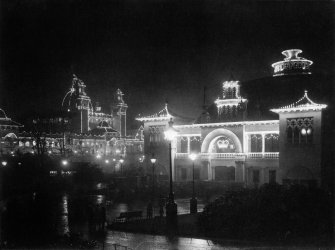 Digital copy of night-time photograph of illuminated buildings at the Glasgow International Exhibition in 1901.